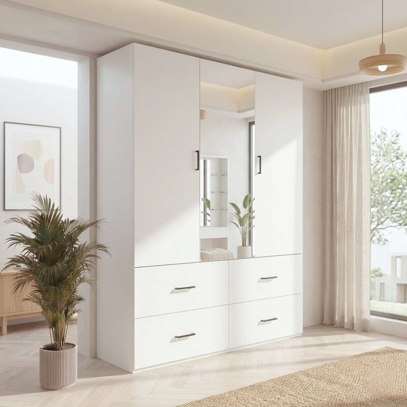 Armoire Blanche avec Miroir et Penderie, Garde-Robe 2 Portes 4 Tiroirs, Dressing Rangement Moderne, Poignées Noires, 130x181.5x52 cm
