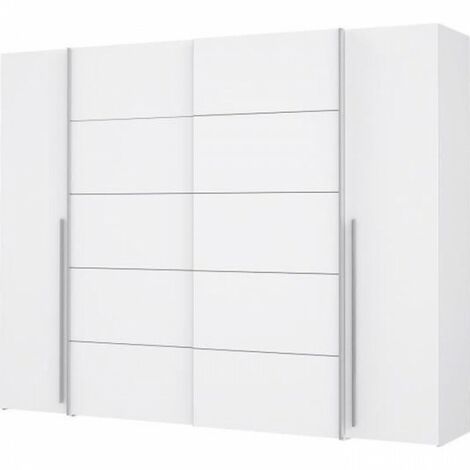 Armoire blanche mat 2 portes battantes + 2 portes coulissantes – L 270,3 x P 61,2 x H 210 cm – Rangement optimal avec 8 tablettes et 2 tringles