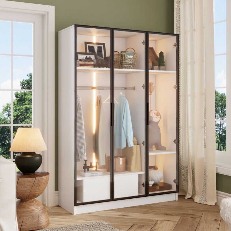 Redom - Armoire led spacieuse, meuble de chambre avec 3 portes vitrées, 1 tiroir et 1 tringle à vêtements, aggloméré, 110x50x160 cm, blanc