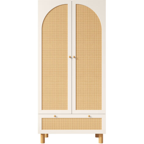 Armoire Blanche Style Champêtre 85x52x180cm, 2 Portes Rotin, Penderie Étagères and 1 Tiroir