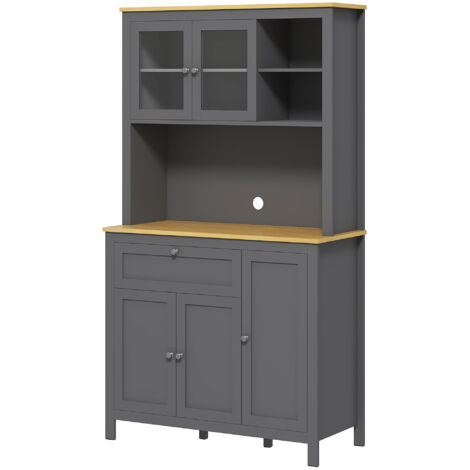 Armoire buffet cuisine 5 portes dont 2 vitrées, 1 tiroir, niche centrale, hauteur 180 cm gris