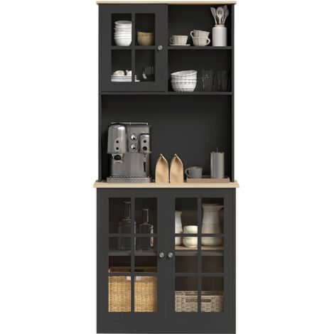 Armoire buffet cuisine HOMCOM, meuble haut rangement avec plan de travail, 3 portes vitrées, 2 niches, étagères ajustables, 80x37x183 cm, noir chêne