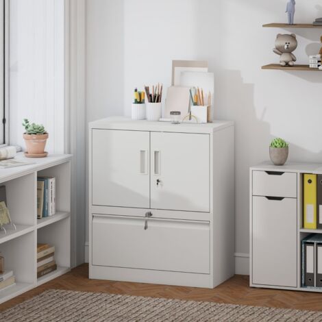 Armoire bureau verrouillable 2 portes + tiroir dossiers suspendus, étagère réglable, acier blanc