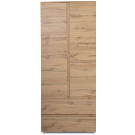 Armoire chambre adulte 2 portes 2 tiroirs – Décor chêne – Dimensions L80 x H191 x P40 cm – Optimisation espace avec 3 étagères