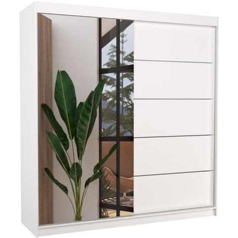 Armoire chambre adulte 2 portes coulissantes 1 blanche 1 miroir Olivia 200cm