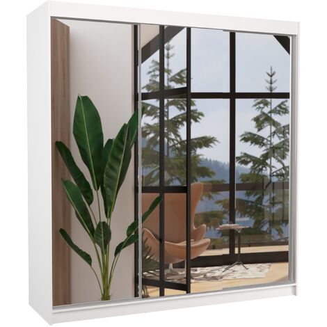 Armoire chambre adulte 2 portes coulissantes bois blanc et miroir Kostina 200cm