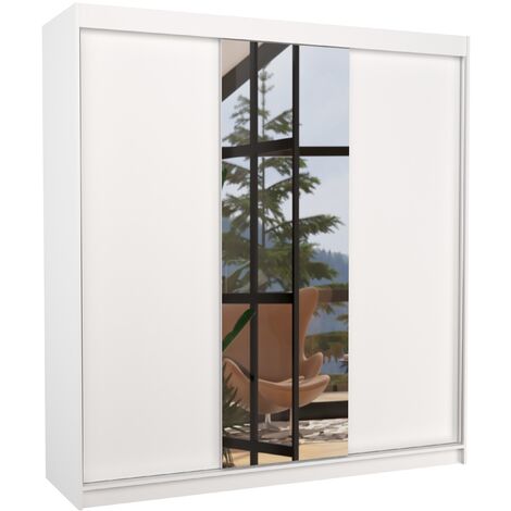 Armoire chambre adulte 2 portes coulissantes bois blanc et miroir Zafa 200cm