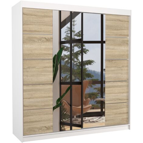 Armoire chambre adulte 2 portes coulissantes bois blanc et naturel avec miroir Dalia 200cm