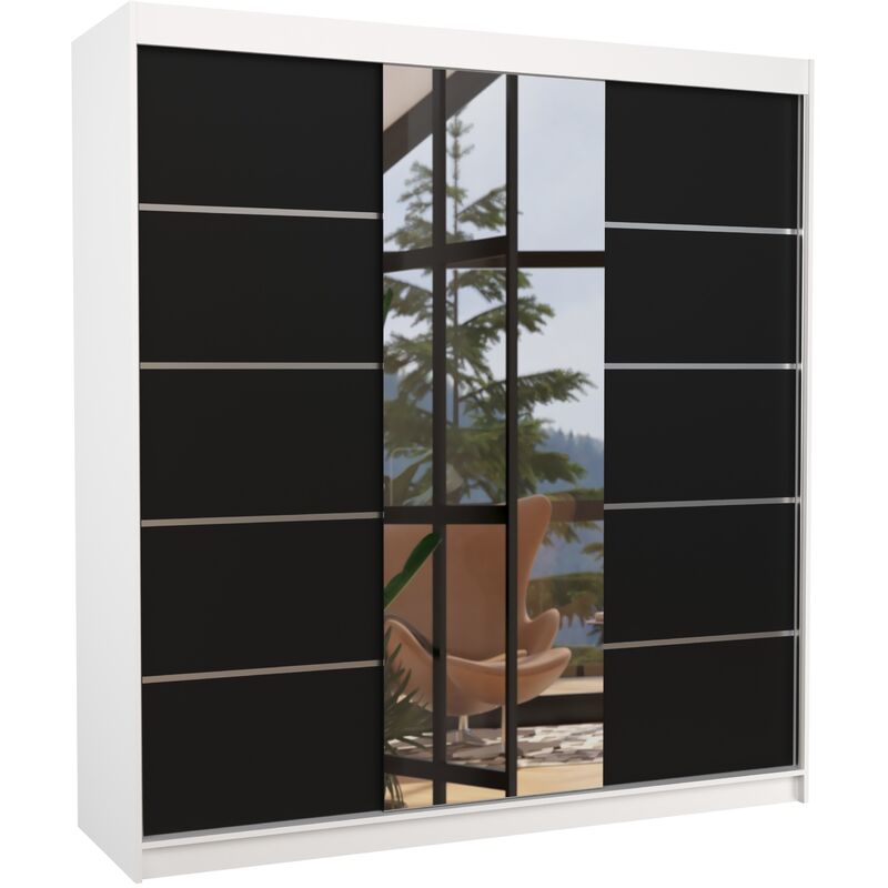 Les Tendances - Armoire chambre adulte 2 portes coulissantes bois blanc et noir avec miroir Baker 200cm Les Tendances - Armoire chambre adulte 2 portes coulissantes bois blanc et noir avec miroir Baker 200cm