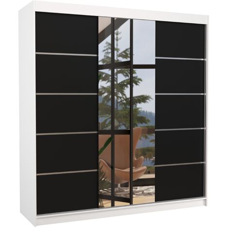Armoire chambre adulte 2 portes coulissantes bois blanc et noir avec miroir Baker 200cm