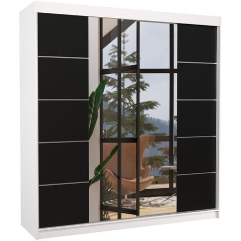 Armoire chambre adulte 2 portes coulissantes bois blanc et noir avec miroir Dalia 200cm