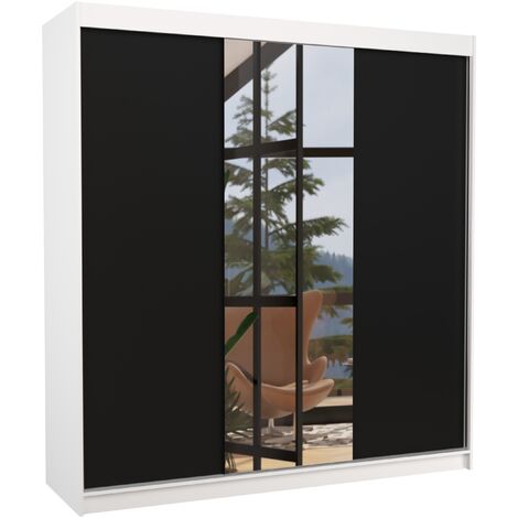 Armoire chambre adulte 2 portes coulissantes bois blanc et noir avec miroir Zafa 200cm