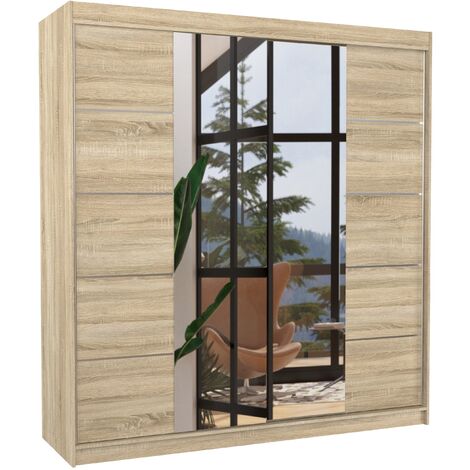 Armoire chambre adulte 2 portes coulissantes bois clair et miroir Dalia 200cm