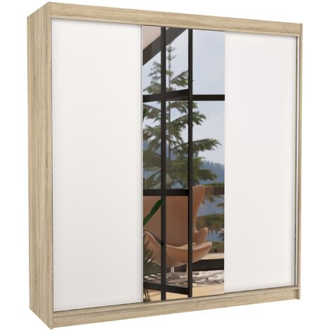Armoire chambre adulte 2 portes coulissantes bois naturel et blanc avec miroir Zafa 200cm