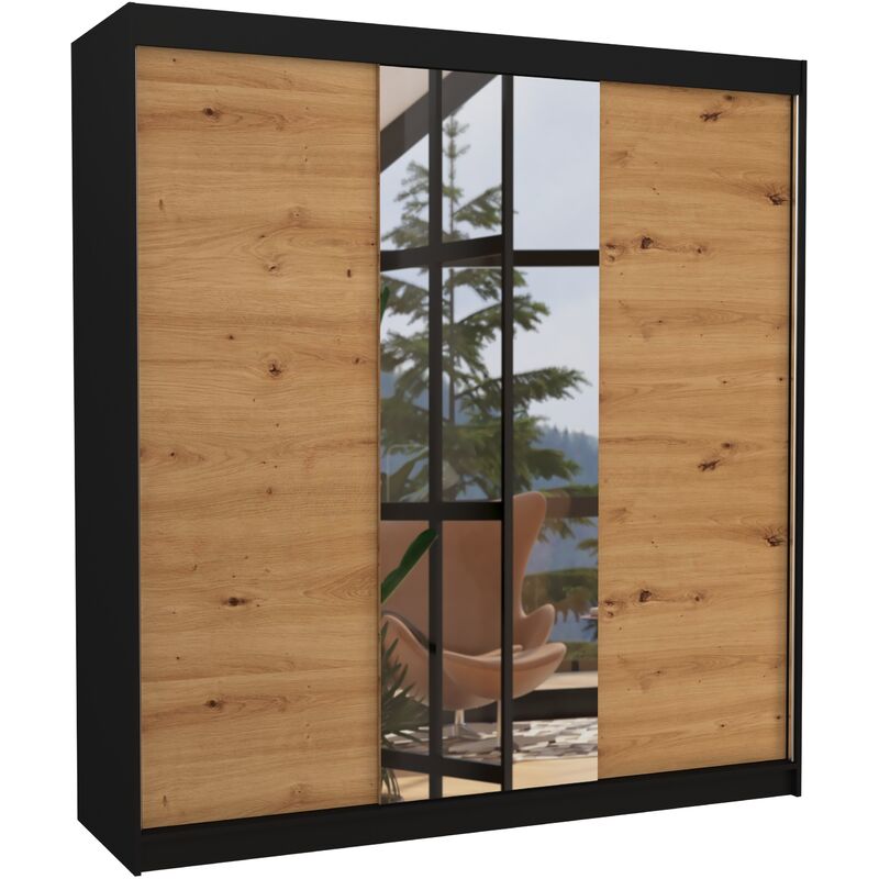 Les Tendances - Armoire chambre adulte 2 portes coulissantes bois noir et artisan avec miroir Zafa 200cm Les Tendances - Armoire chambre adulte 2 portes coulissantes bois noir et artisan avec miroir Zafa 200cm