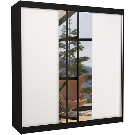 Armoire chambre adulte 2 portes coulissantes bois noir et blanc avec miroir Zafa 200cm