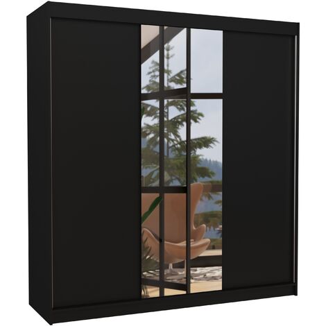 Armoire chambre adulte 2 portes coulissantes bois noir et miroir Zafa 200cm 2