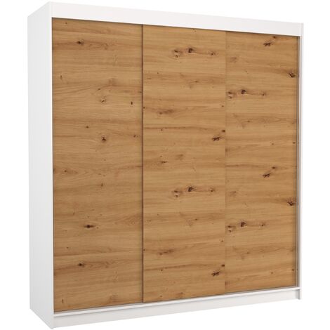 Armoire chambre adulte blanche et bois artisan 2 portes coulissantes Kamia 200cm