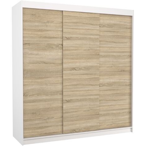Armoire chambre adulte blanche et bois clair 2 portes coulissantes Kamia 200cm