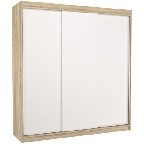 Armoire chambre adulte bois clair et blanc 2 portes coulissantes Kamia 200cm