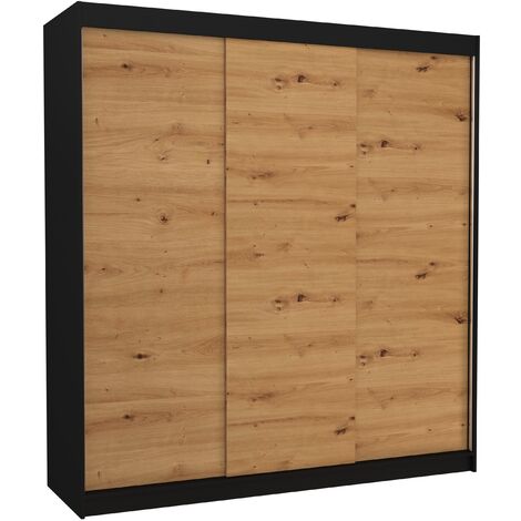 Armoire chambre adulte noir et bois artisan 2 portes coulissantes Kamia 200cm