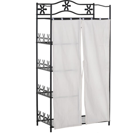 Armoire Chambre adulte Penderie Vêtement Dressing Multi Rangements 5 étagères 84L x 42l x 159H cm métal Noir 2 Rideaux Blanc
