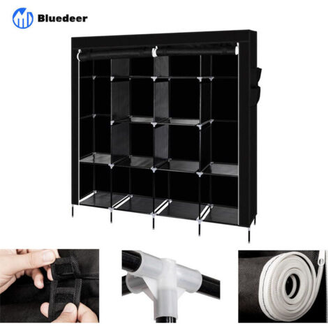 Armoire Chambre Armoire de Rangement Dressing Chambre Penderie Tissu Garde Robe Portable pour Chambre D'adulte Noir 4 Couches 12 Cubes,169.5 x 44 x 168.5/181.5cm(with bottom rods)