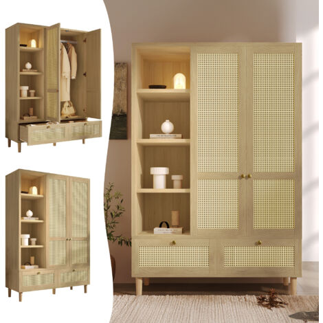 Armoire Chambre Bois Massif, avce 2 Portes, 2 Tiroirs et Étagères Ouvertes -  Finition Chêne et Cannage Rotin - système anti-basculement, 180x120x50 cm