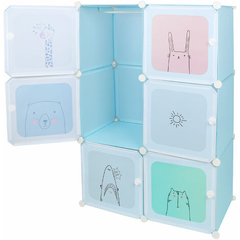 Armoire Chambre d'enfant modulable Motifs ludiques Plastique  Étagère de Rangement pour la Maison 6 Cubes Armoire DIY Portes bleu