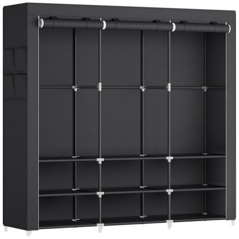 Armoire Chambre en Tissu, Porte-vêtements, Penderie, 45 x 188 x 176 cm cm, 3 Compartiments de Suspension, abvec Étagères, 4 Pochettes, Grande Capacité, Chambre, Salon, Noir