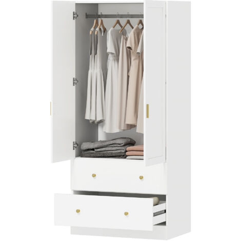 Armoire chambre penderie 2 portes miroir, 2 tiroirs et tringle, 80x50x180 cm blanc