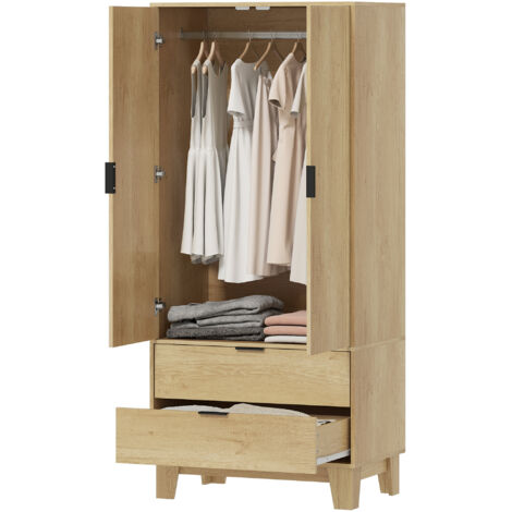 Armoire chambre penderie avec 2 portes à fermeture douce. 2 tiroirs et barre de suspension. 80x50x180cm. bois naturel