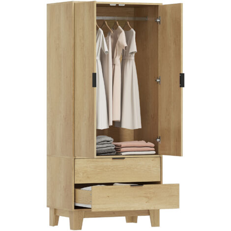 Armoire chambre penderie avec 2 portes à fermeture douce, 2 tiroirs et barre de suspension, 80x50x180cm,  naturel
