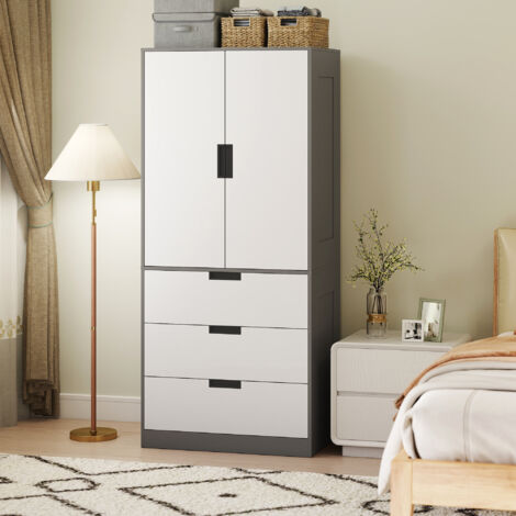 Armoire chambre penderie avec 2 portes à fermeture douce. 3 tiroirs et barre de suspension. 80x50x180cm. gris et blanc