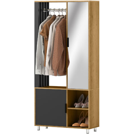 Armoire chambre penderie avec miroir. compartiments ouverts. placard et tringle de suspension. 80 x 30 x 170 cm. naturel