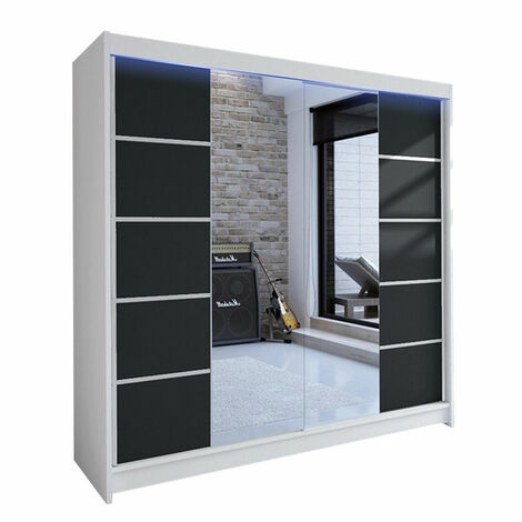 Armoire Closico 154, Blanc + Noir, 215x180x58cm, Portes d'armoire: Coulissantes, Nombre d'étagères: 5, LED