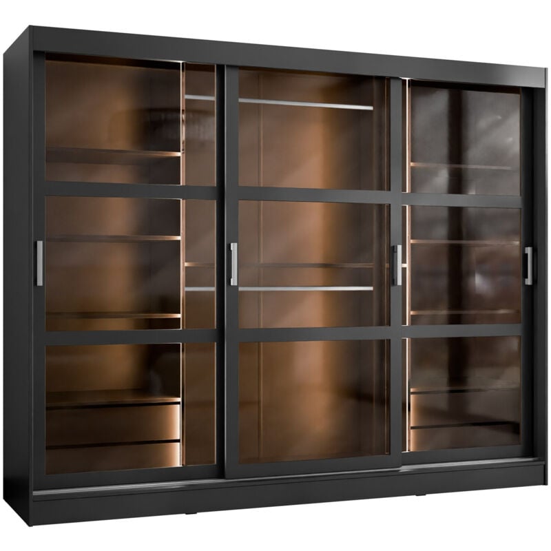 Mobilier1 - Armoire Comfivo 428, Noir, 203x250x65cm, Portes d'armoire: Coulissantes, Nombre d'étagères: 0, led