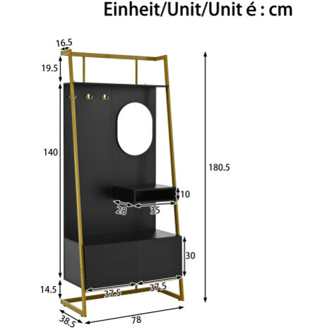 Armoire compacte minimaliste en panneau de bois, meuble de rangement ouvert avec miroir et crochets métalliques, porte-manteau combiné banc à chaussures pour intérieur moderne