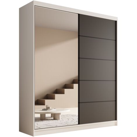 Armoire coulissante 2 portes KAROW 180 avec miroir – Meuble de rangement moderne-Blanc/Noir