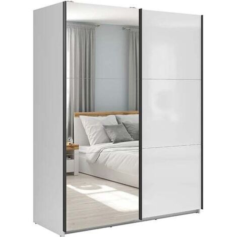 Armoire coulissante avec miroir coloris Blanc brillant - Longueur 153,5 x Profondeur 60 x Hauteur 195,5 cm