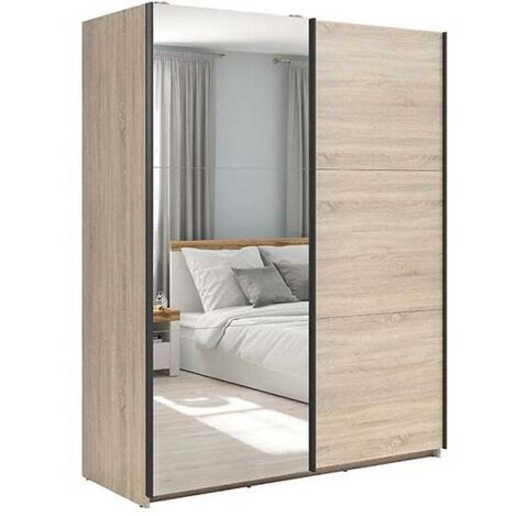 Armoire coulissante avec miroir coloris chêne Sonoma - Longueur 153,5 x Profondeur 60 x Hauteur 195,5 cm