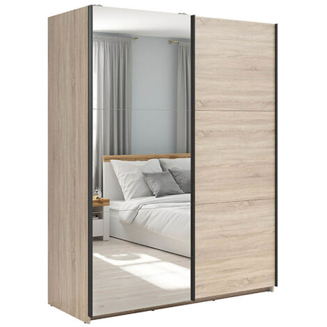 Armoire coulissante avec miroir coloris chêne Sonoma - Longueur 183 x Profondeur 60 x Hauteur 195,5 cm