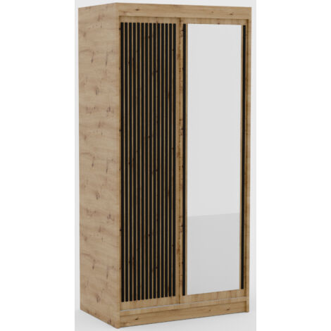 Armoire coulissante BIZEN avec lames décor bois et miroir – Moderne et chaleureux 100 cm-Beige/Noir-Largeur 100 cm