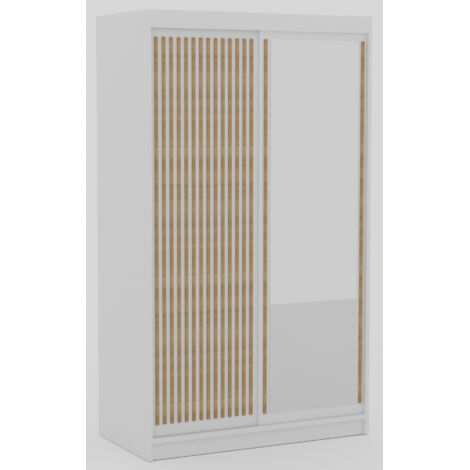 Armoire coulissante BIZEN avec lames décor bois et miroir – Moderne et chaleureux 120 cm-Blanc/Beige-Largeur 120 cm