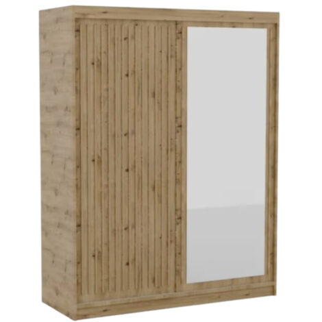 Armoire coulissante BIZEN avec lames décor bois et miroir – Moderne et chaleureux 160 cm-Beige-Largeur 160 cm
