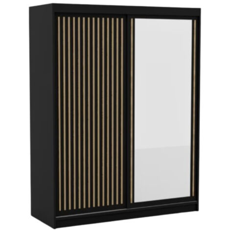 Armoire coulissante BIZEN avec lames décor bois et miroir – Moderne et chaleureux 160 cm-Noir/Beige-Largeur 160 cm