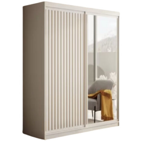 Armoire coulissante BIZEN avec lames décor bois et miroir – Moderne et chaleureux 180 cm-Blanc/Beige-Largeur 180 cm