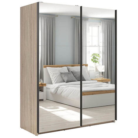 Armoire coulissante Placard avec miroir coloris chêne Sonoma - Longueur 153,5 x Profondeur 60 x Hauteur 195,5 cm