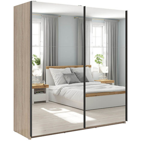 Armoire coulissante Placard avec miroir coloris chêne Sonoma - Longueur 183 x Profondeur 60 x Hauteur 195,5 cm