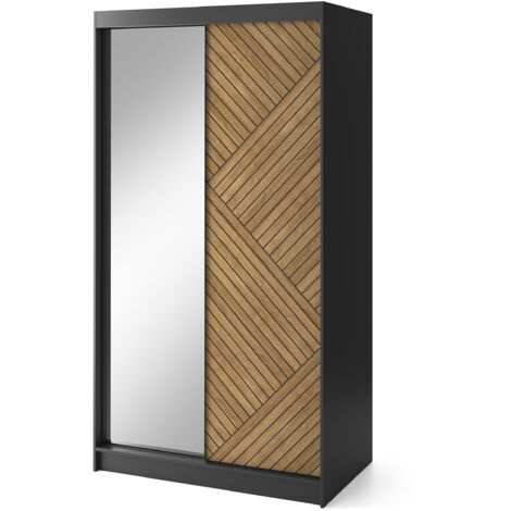 Armoire coulissante SOKAT avec miroir – Chêne caramel & noir mat 120 cm-Largeur 120 cm